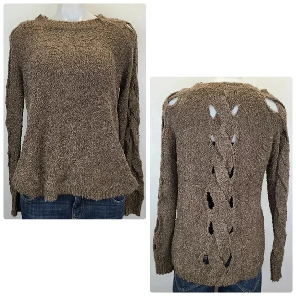 ASTR Brown Cut Out Sleeve and Back Textured Cozy Boucle Fall Sweater Small - Picture 2 of 14